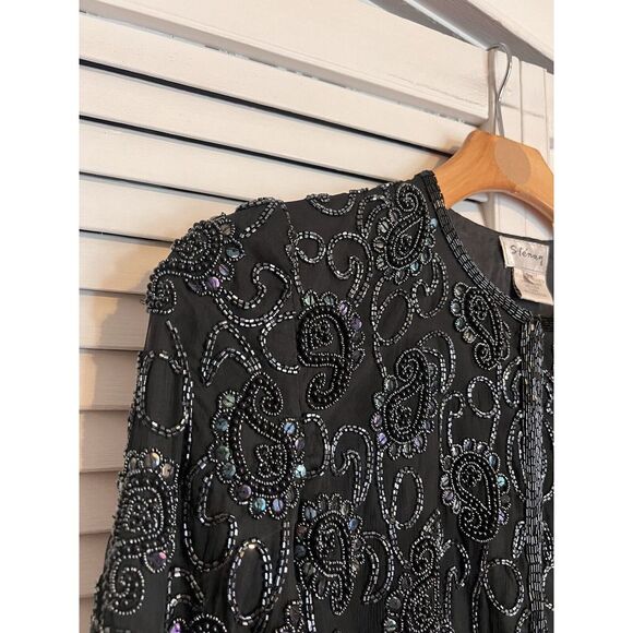 STENAY‎ Women's Size PM Medium Petite Shirt Blouse SILK Beaded VINTAGE Cardigan - Picture 3 of 10
